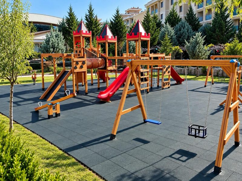 Wooden playground with red turret roofs, slides, climbing net and swings