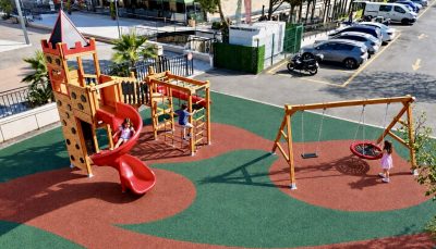 Wooden playground and nest swing — wide view — Elysee