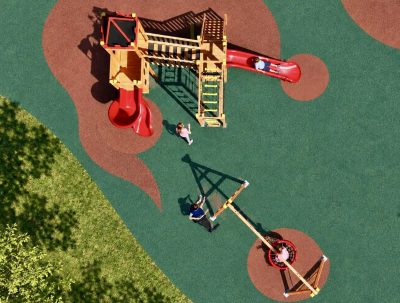 Overhead view of the wooden playground and swings — Elysee