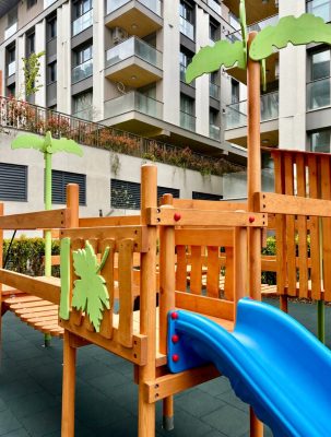 Wooden playground with blue slides — Elysee
