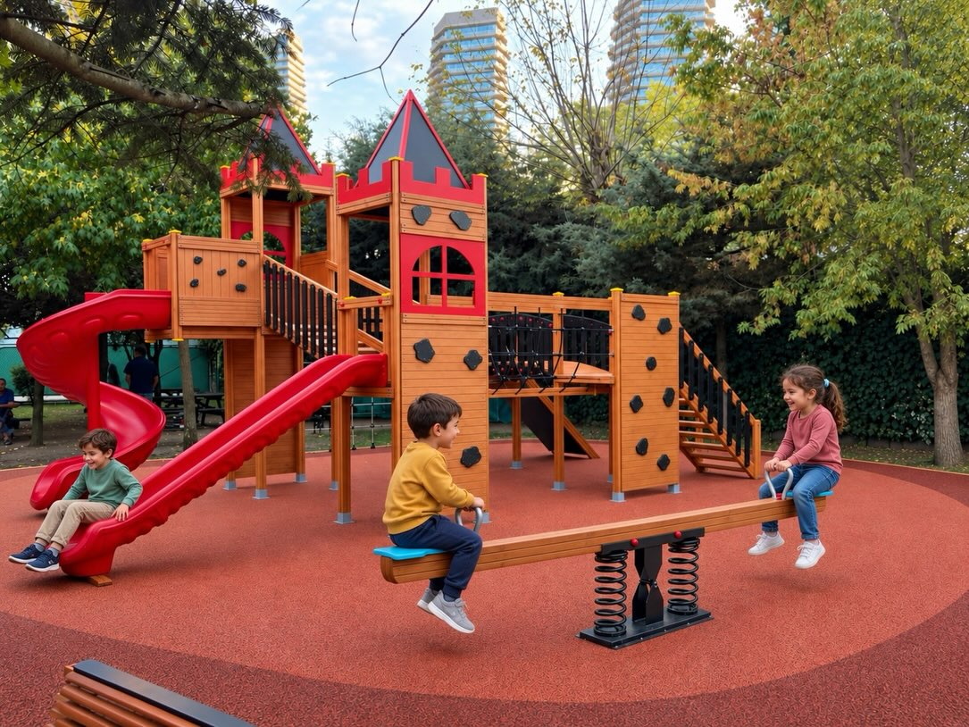 Wooden play castle with red slides — Elysee